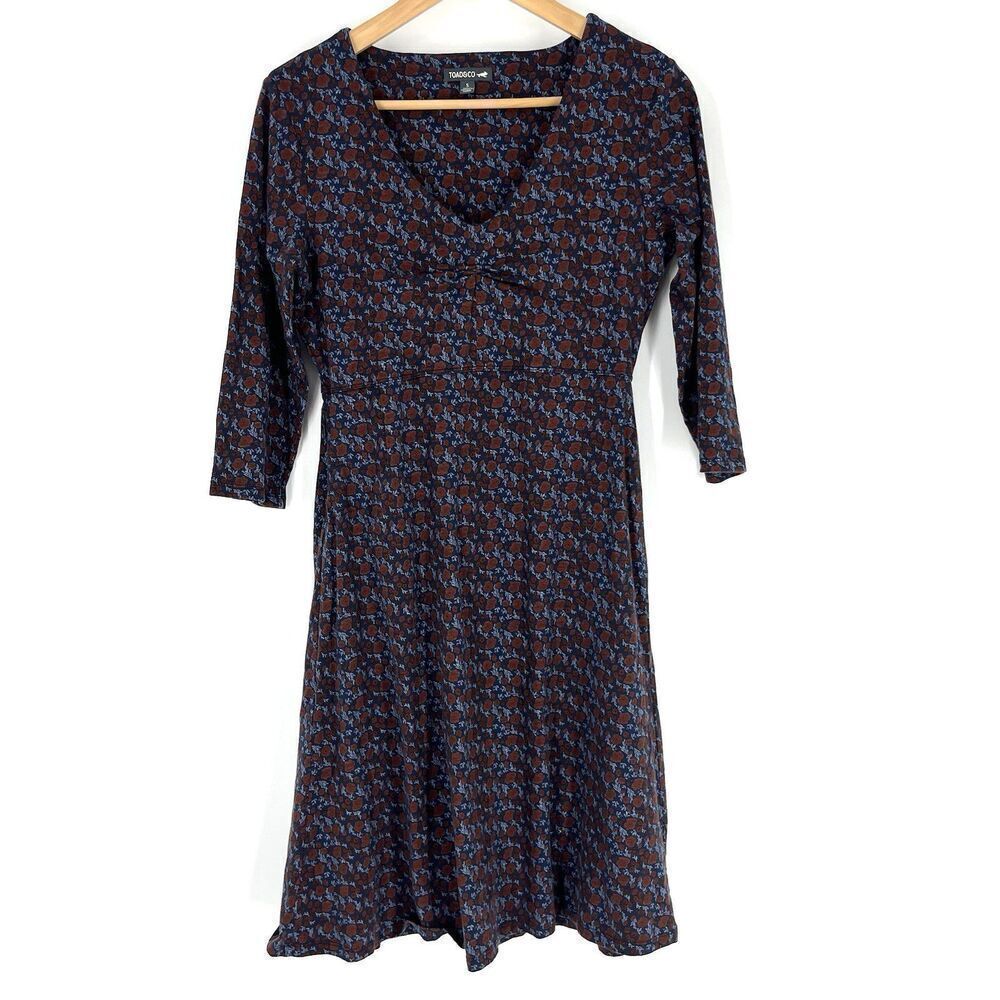 Toad & Co Rosalinda Dress Size Small Navy Maroon Floral A Line 3/4 Sleeve V Neck